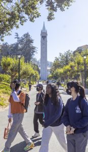Students on the UC Berkeley campus walking past Sather Tower